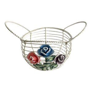 Vtg Wire Basket with Hand-Painted Ceramic Roses – Red, Blue, Purple Flowers